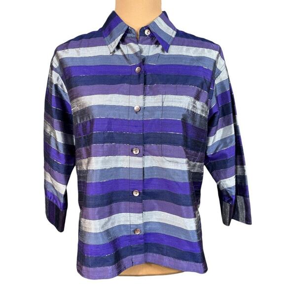 Vintage Chico's Silk 3/4 Sleeve Button Down Purple Stripe Size‎ Large - Picture 1 of 9